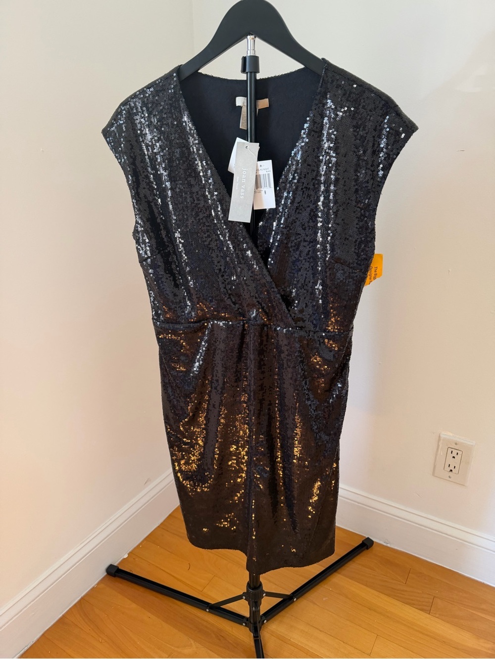 NWT Joan Vass Black Sequin Cocktail Dress Size M Wrap V Neck Holiday Party